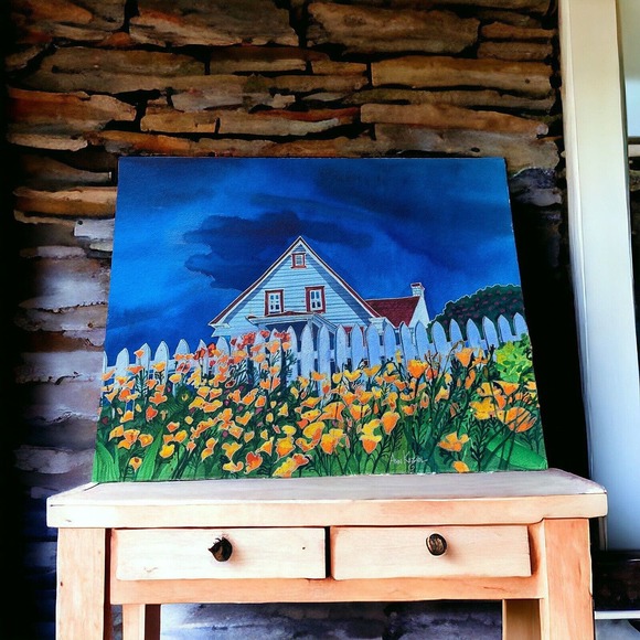 Original Art Painting White House Picket Fence Flower Garden Floral Country Farm - Picture 1 of 14